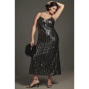 Anthropologie Maeve Sequin Stripe Sleeveless Slip Midi Dress NWT L $178 Navy